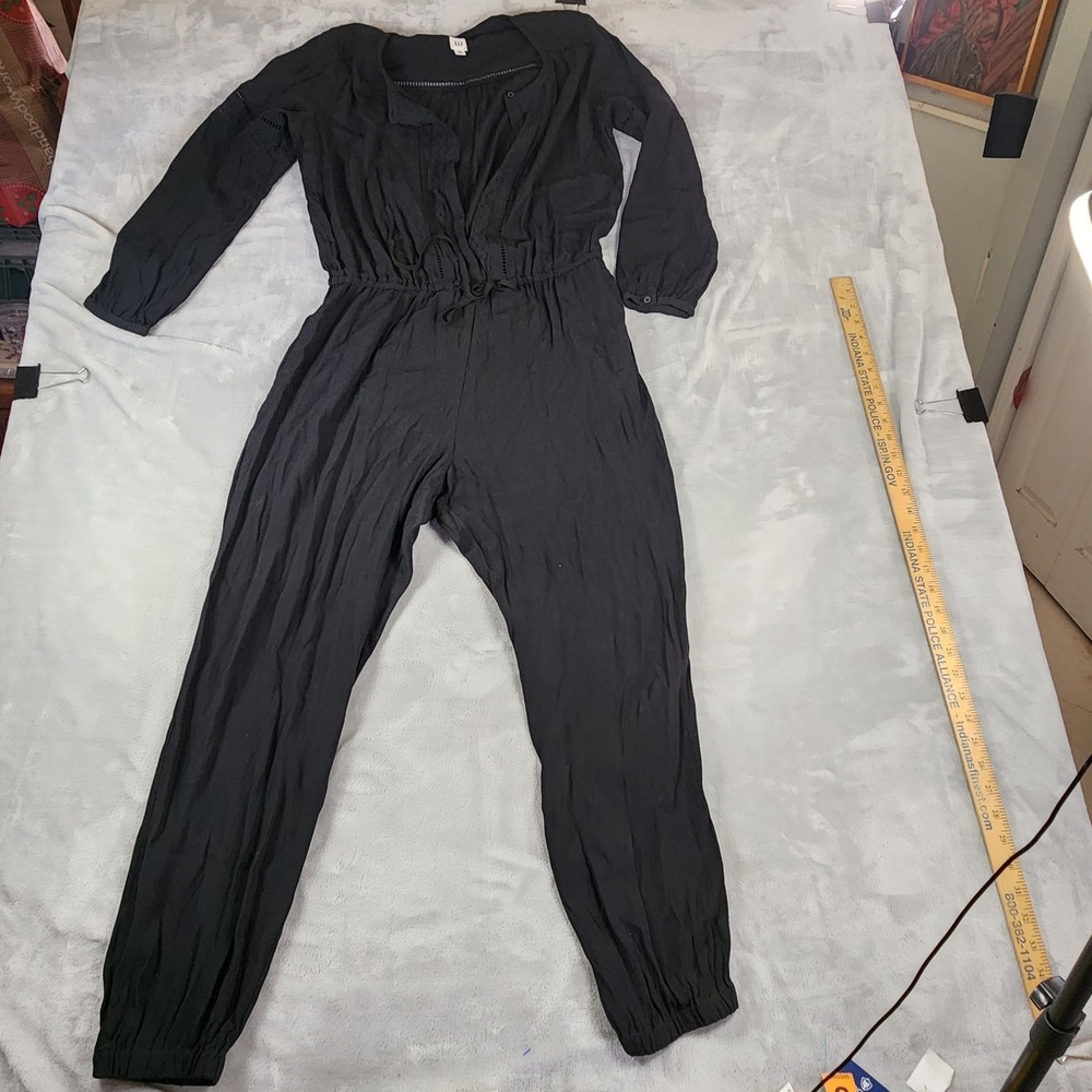 GAP Embroidered LS Black Jumpsuit Boho Whimsigoth Cottagecore Jogger Hem Size M‎